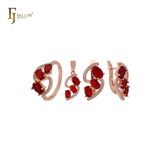 Dreifach rote Zirkonia mit weißen Zirkonia-Clustern, luxuriöses Schmuckset aus Roségold mit Anhänger und Ringen