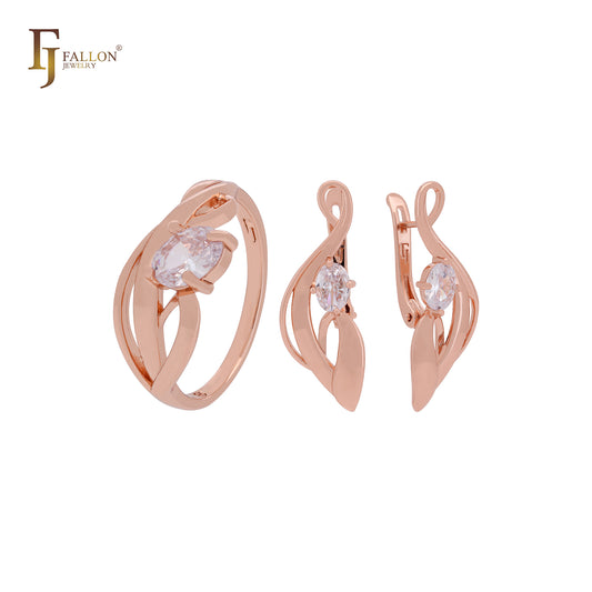 Elegante conjunto de joyas de oro rosa con solitario de circonita cúbica blanca ovalada y anillos