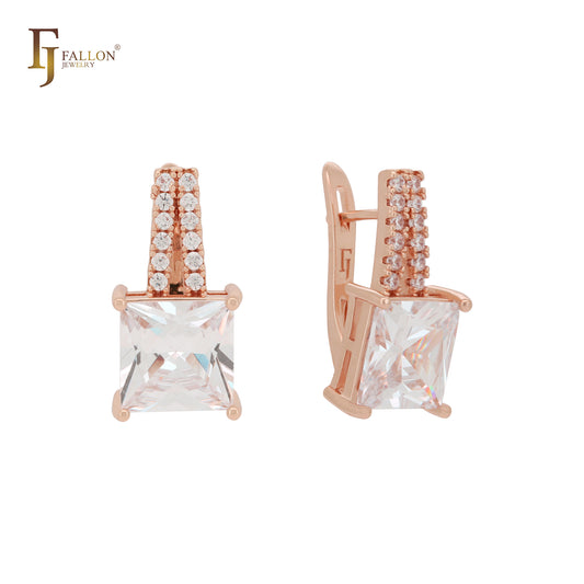 Princess cut white CZs solitaire 14K Gold, Rose Gold Russian Lock Earrings