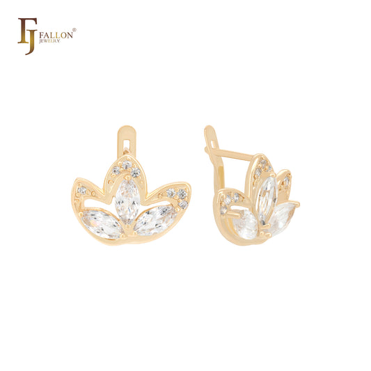 Lotus flower shaped white CZs 14K Gold Russian Lock Earrings