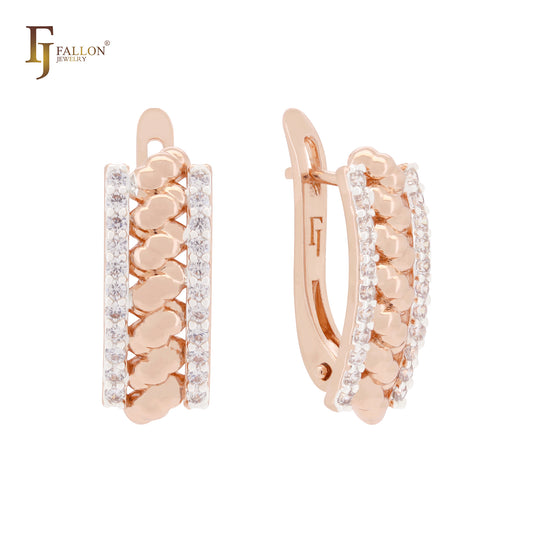 Tensioned peanuts geometric white CZs Rose Gold two tone Russian Lock Earrings