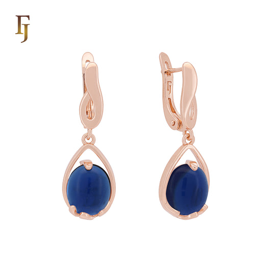Drop Colorful Solitaire deep blue CZ Rose Gold Russian Lock Earrings