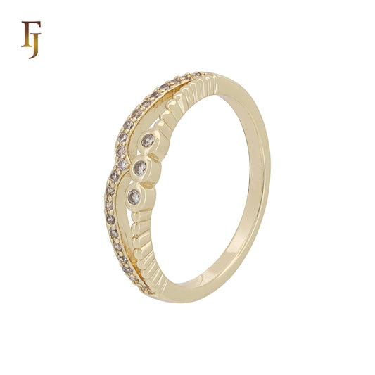 Delicate 5mm Wave Ring with Triple CZ – Gold-Plated Elegant Band by FJ Jewelry