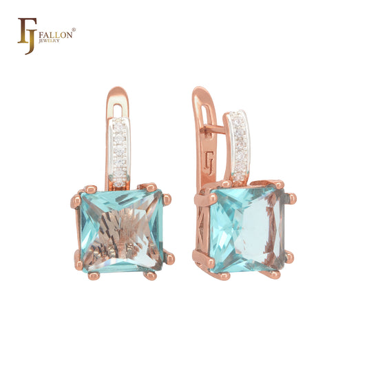 Squared White or blue CZ with paved white CZs band Rose Gold Russian Lock Earrings