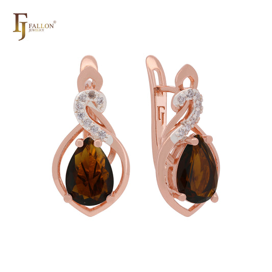 Solitaire pear shape Coffee CZ Rose Gold two tone Russian Lock Earrings
