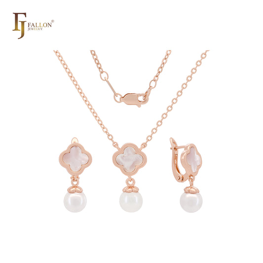 Conjunto de joyería de perla con trébol de oro rosa blanco o negro con collar colgante