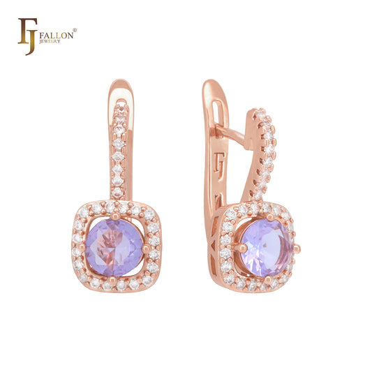 White Czs paved bands with round purple CZ Rose Gold Russian Lock Earrings