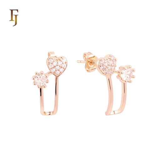 Heart filled and solitaire white CZs 14K Gold, Rose Gold Stud Earrings