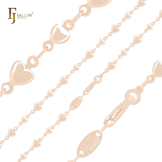 Cadena de eslabones de lujo con cuentas mixtas en forma de corazón sólido en oro rosa