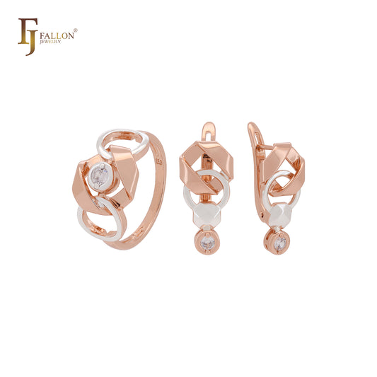 Conjunto de joias com anéis e elos geométricos em formato de círculo e corrente mista, branco, CZ, ouro rosa, dois tons