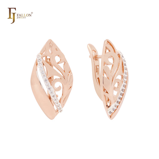 Oval branches of filigree white CZs Rose Gold two tone Russian Lock Earrings
