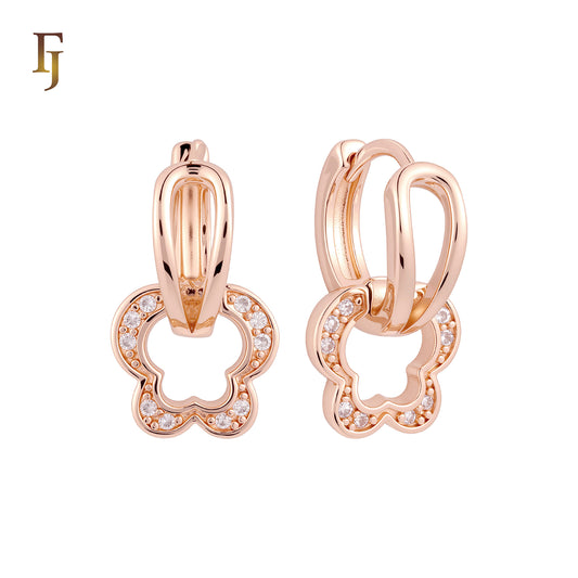White CZs butterfy flower drop Curved shape Rose Gold Huggie Earrings