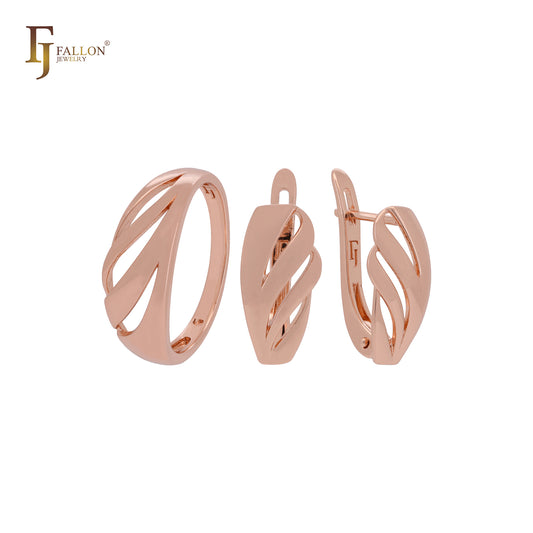 Gran conjunto de joyas de oro rosa con anillos de hojas de filas