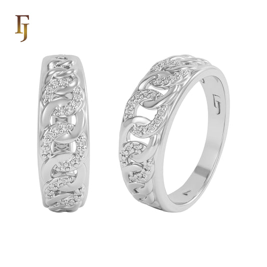 Stylish Silver Chain Link Ring with Polished and Textured Detailing – Fashion Jewelry by FJ