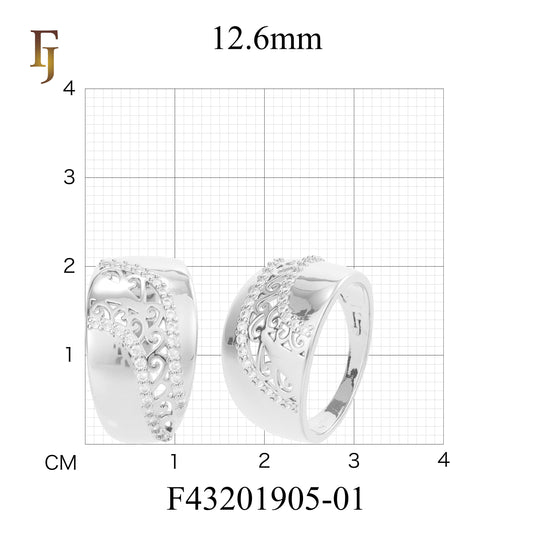Elegant Silver Wide Band Ring with Filigree Cutout and CZ Accents – FJ Jewelry