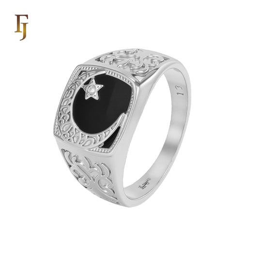 Islamic Crescent Star Black Onyx Ring for Men – Muslim Brass Signet Ring – FJ Jewelry