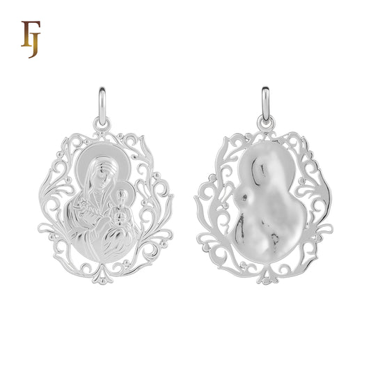 Virgin Mary Pendant in Polished Silver with Filigree Frame – Orthodox Religious Jewelry by FJ Fallon Jewelry