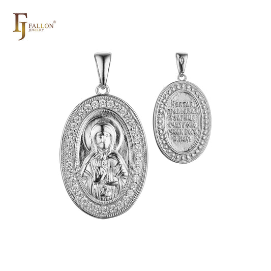 Halo paved white CZs Saint Matrona Religious Rose Gold, White Gold pendant