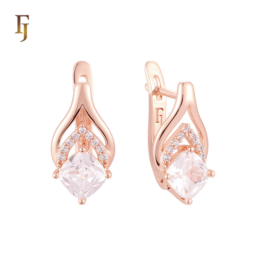 Marquise paved solitaire white CZs Rose Gold Russian Lock Earrings