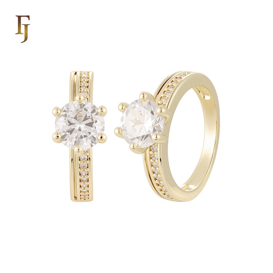 Solitaire white CZs band single paved white CZs 14K Gold, Rose Gold Wedding Set Rings