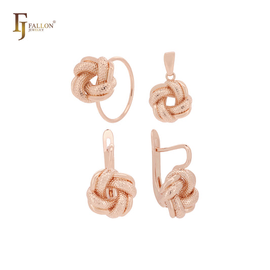 Conjunto de joyería de oro rosa con nudo de amor esencial de doble torsión con colgante y anillos