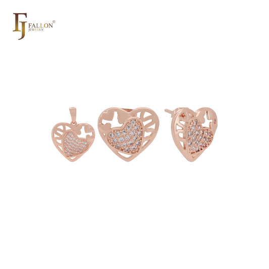 ホワイトCZクラスターローズゴールドハートインハートセット