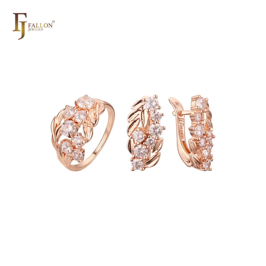 Thousand leaves and white CZs Rose Gold Jewelry Set with Rings