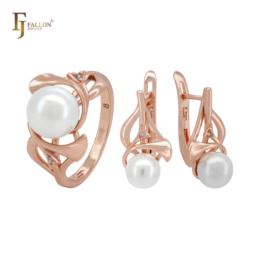 Conjunto de joyas de oro rosa con circonitas blancas y anillos de perlas de rama