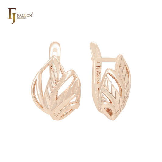 Wide leaf engraved leaves Rose Gold Russian Lock Earrings