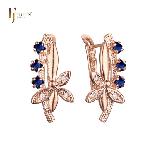 Brincos de ouro rosa com zircônias cúbicas brancas e ramos e folhas