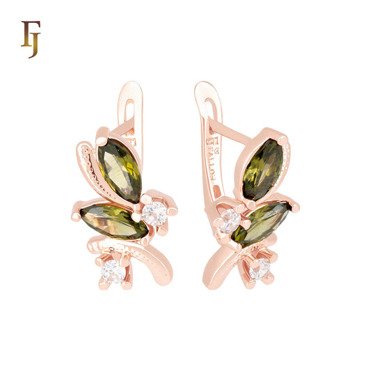 Cluster Marquise Olive Green Stones Rose God Russian Lock Earrings