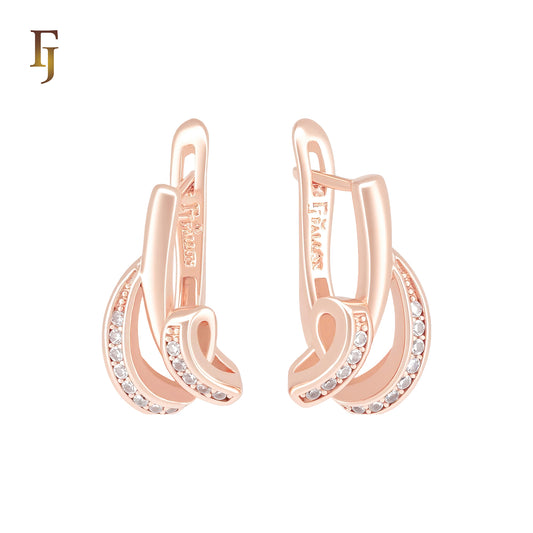 Spinning paved white CZs Ribbon Rose Gold Russian Lock Earrings