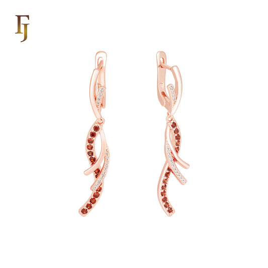 Long paved white and red stones drop Russian Lock Earrings