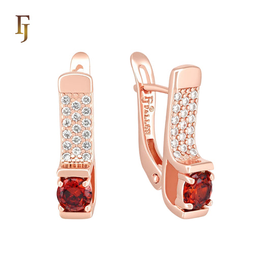 Solitaire red stone paved top white CZs Rose Gold Russian Lock Earrings