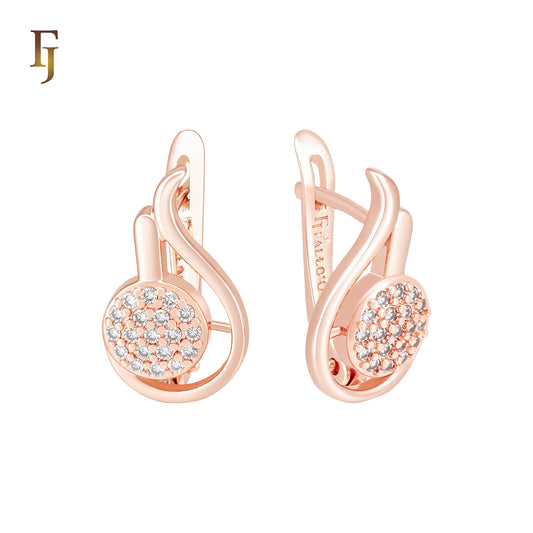 Rounded circle paved white CZs Music tone Rose Gold Russian Lock Earrings