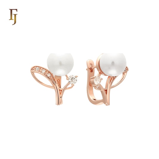 Solitaire Pearl on a brach Rose Gold Russian Lock Earrings