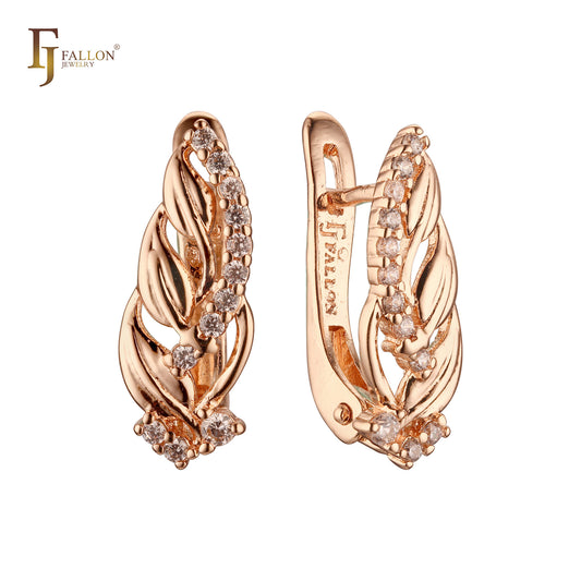 Paved white CZs thousand great leaves Rose Gold Russian Lock Earrings