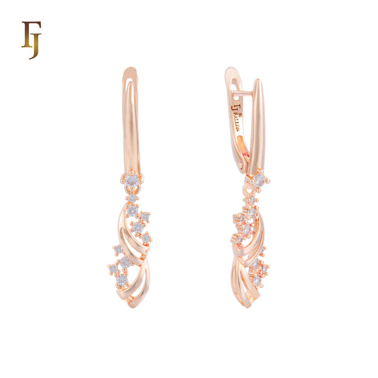 Rose Gold Russian Lock Earrings with Curved Floral CZ Accents – Elegant Dangle Design for Women | FJ Jewelry