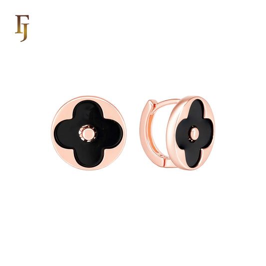 Black oil painted Clover Rose Gold Huggie Earrings
