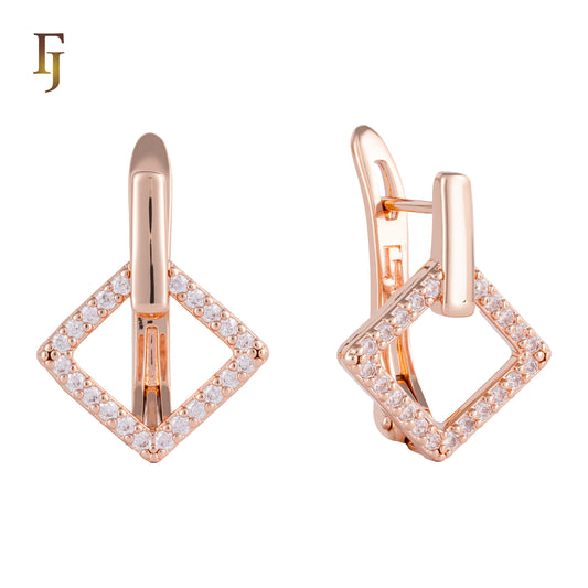 Rose Gold Geometric Square Earrings with Clear CZ – Elegant Minimalist Russian Lock Earrings for Women