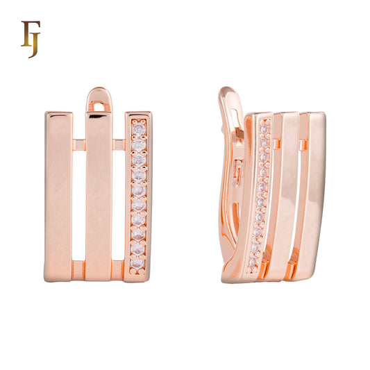 Rose Gold Triple Bar Earrings with Clear CZ – Modern Vertical Russian Lock Earrings for Women