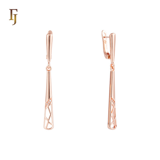 Rose Gold Long Drop Earrings with Openwork Detail and CZ Accents – Elegant Dangle Russian Lock Design