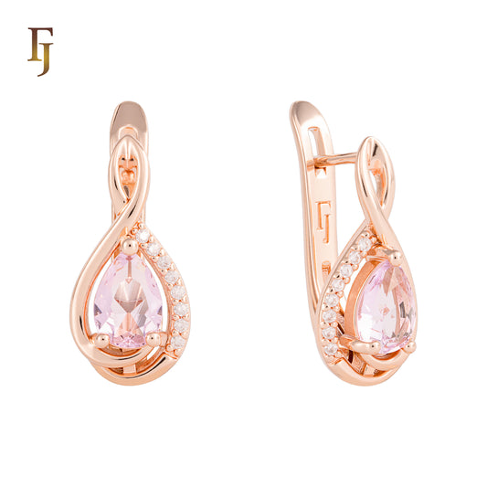 Rose Gold Teardrop Russian Lock Earrings with Pink CZ and Infinity Twist Design