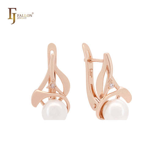 Pearl of brach white CZ Rose Gold Russian Lock Earrings