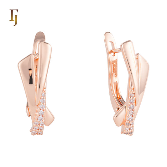 Modern Twist Rose Gold Russian Lock Earrings with White CZ Accents