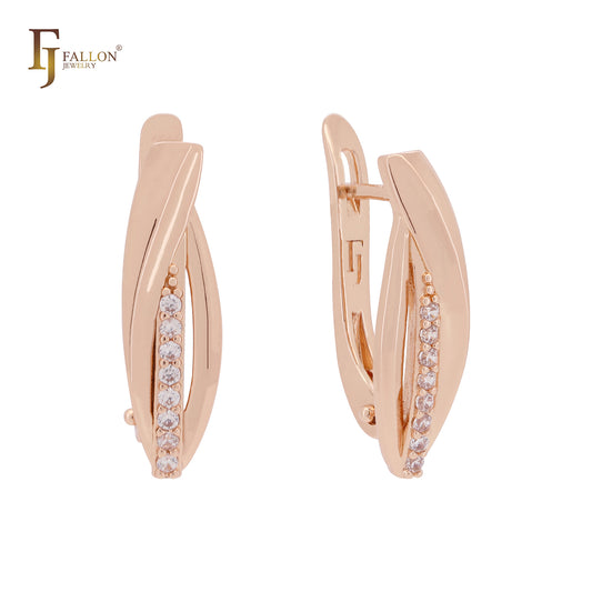 Single row of white CZs Rose Gold Russian Lock Earrings