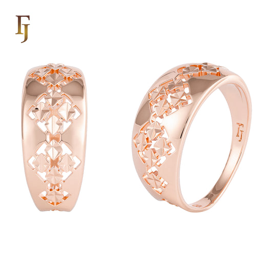 Geometric Pattern Wide Rose Gold Plated Ring for Women, Brass Based Jewelry