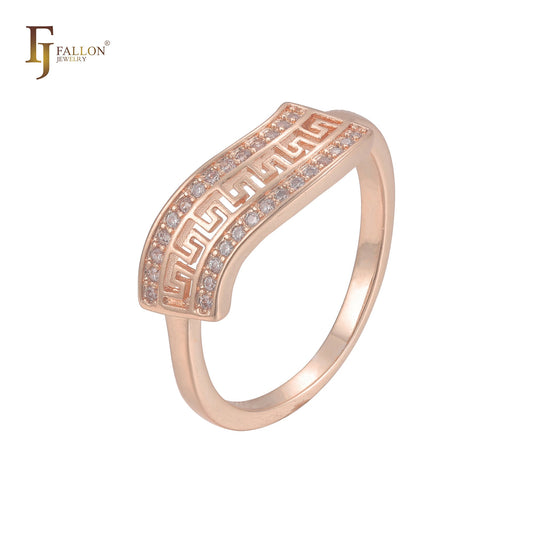 Greek Key paved white CZ 14K Gold, Rose Gold Rings