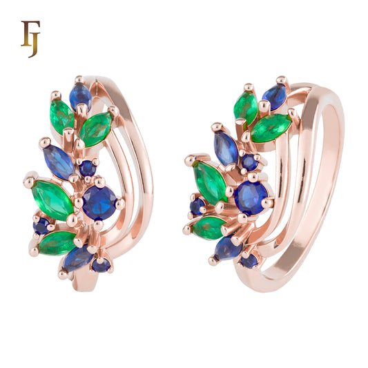 Leaf Cluster Russian Lock Earrings with Green and Blue Stones in Rose Gold Plating – FJ Jewelry