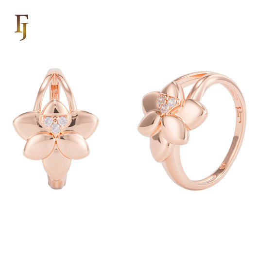 Plumeria Blossom Russian Lock Earrings in Rose Gold with CZ Accents | FJ Jewelry